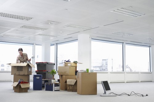 Packed office equipment ready for transport in central London
